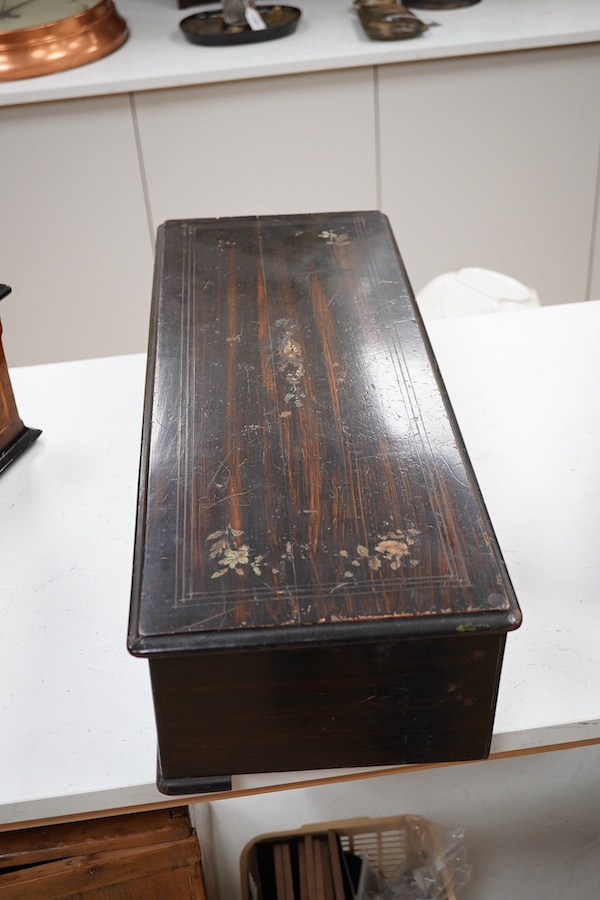 A Swiss music box for restoration (a.f.), fifty three tooth comb (three teeth missing), cylinder 33cm, in a simulated rosewood and ebony case, 66cm wide, 26cm deep, 15cm high. Condition - poor.